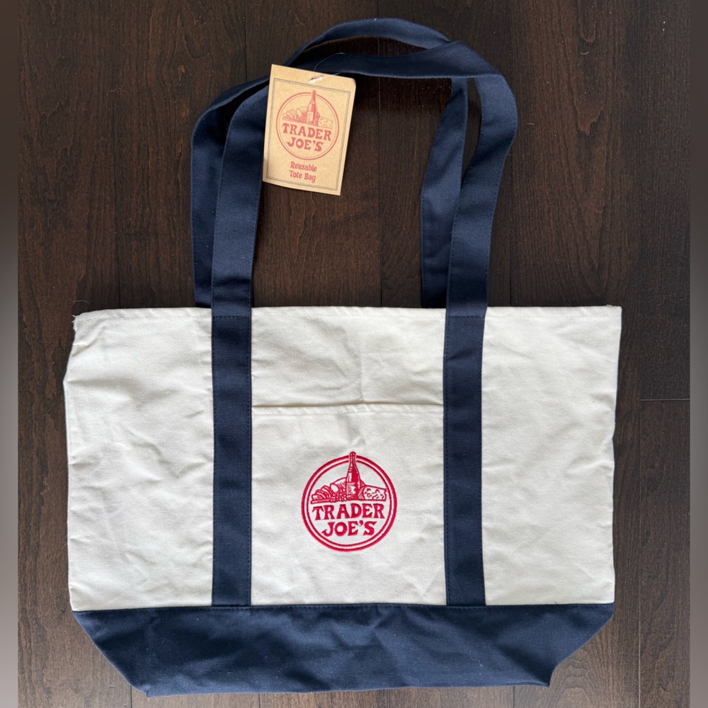 Trader Joe's Navy and Cream Canvas Tote Bag